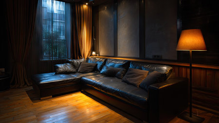 Contemporary black leather couch in a cozy, high-end living room with wooden flooring and warm ambient lightingの素材