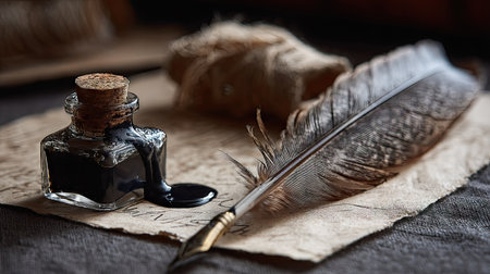 Ink-stained feather lying beside a tipped-over glass inkwell, ink spilling on parchment paperの素材