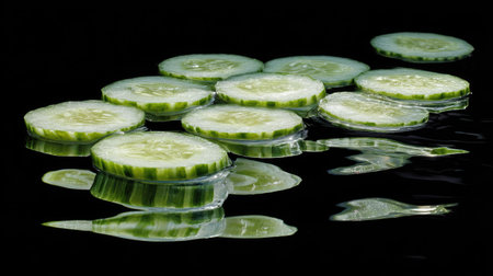 Cucumber rounds floating symmetrically on still water, high-contrast lighting for a clean, refreshing lookの素材
