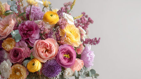 Large bouquet of mixed blooms in pink, yellow, and purple hues placed on a white backgroundの素材