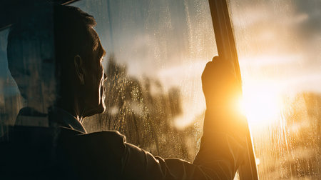 Man wiping a window with a squeegee, leaving a streak-free finish against a sunlit backgroundの素材