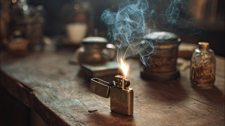 Lighter on a wooden table ignited, flame rising with subtle smoke trails, vintage objects nearbyの素材