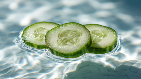 Close-up of three cucumber slices floating together on the surface of water, with soft shadows and highlightsの素材