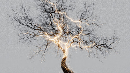 Isolated lightning strike splitting into multiple branches on a transparent backdropの素材