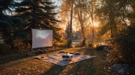 Outdoor projector setup with a screen and picnic blanket during golden hourの素材