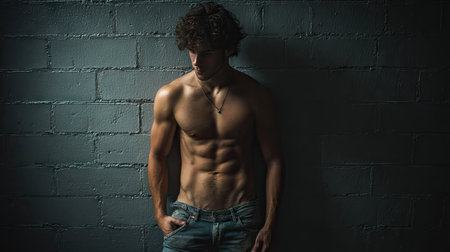 Model standing against a dark brick wall, jeans low enough to highlight abs and pelvic lines, gritty lightingの素材