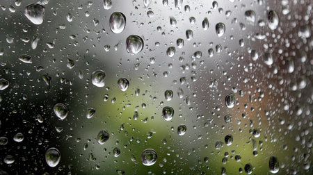 Isolated dew drops forming patterns on a rain-splattered window during a peaceful drizzleの素材