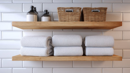 Minimalist bathroom decor with white rolled towels on floating wooden shelves against a white tiled wallの素材