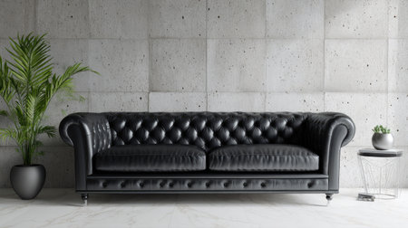 Modern living room featuring a sleek black leather sofa with soft tufted upholstery, set against a minimalist decor backdropの素材