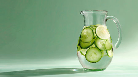 Cucumber-infused water with slices floating at the top of a transparent glass jug, health and hydration conceptの素材