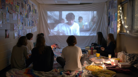 College students watching a movie projected on a dorm wall with snacks and blanketsの素材