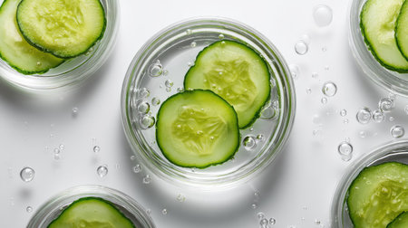 Minimalist flat lay with cucumber rounds floating on clear water in a shallow dish, pure white backgroundの素材