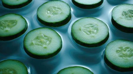 Cucumber rounds floating symmetrically on still water, high-contrast lighting for a clean, refreshing lookの素材