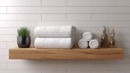 Minimalist bathroom decor with white rolled towels on floating wooden shelves against a white tiled wallの素材