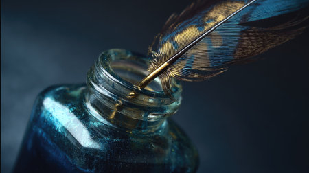 Macro shot of a feather tip just entering a full glass ink bottle, dramatic lighting from the sideの素材