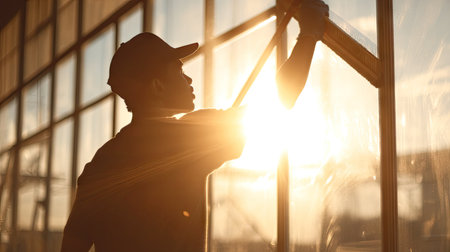 Man wiping a window with a squeegee, leaving a streak-free finish against a sunlit backgroundの素材