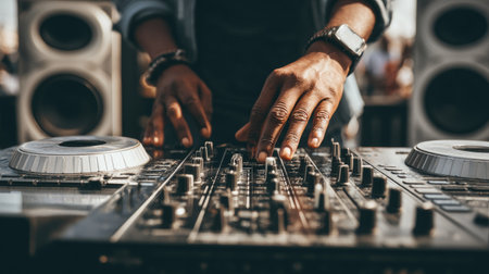 Musician's hands controlling a DJ mixer with modern loudspeakers positioned on either sideの素材