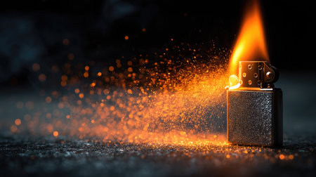 Macro shot of a bright orange flame emerging from a metal lighter in a dark environment, detailed sparks and textureの素材