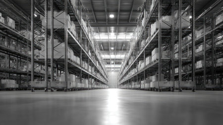Modern warehouse facility featuring adjustable pallet racks and wide loading zonesの素材