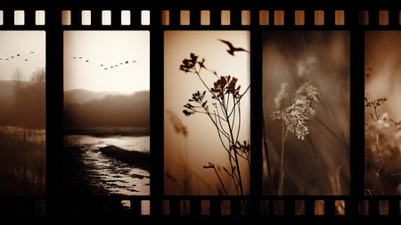 Negative film strip with scenes of nature captured in sepia tones, backlit for contrastの素材