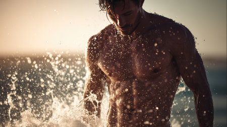 Man emerging from the ocean, torso wet and glistening in the sunlight, showcasing chiseled abs and V-linesの素材