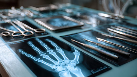 Medical table with printed X-ray films of hand and wrist laid out, surgical tools in backgroundの素材