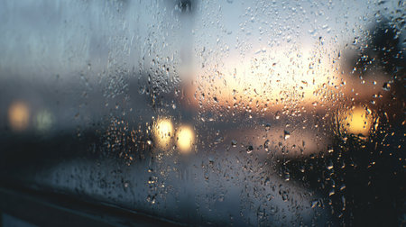 Morning dew and rain blending on a misted windowpane with soft ambient lightingの素材