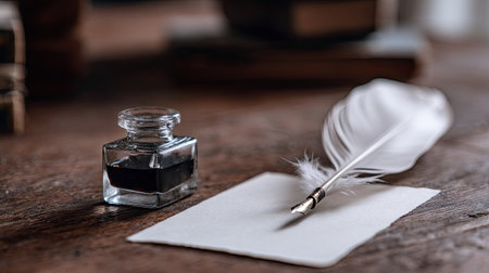 Minimalist desk scene with white feather, square glass ink bottle, and a single sheet of calligraphy paperの素材