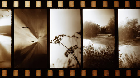 Negative film strip with scenes of nature captured in sepia tones, backlit for contrastの素材