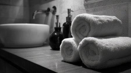 Monochrome bathroom aesthetic with rolled white towels adding a touch of texture and softnessの素材