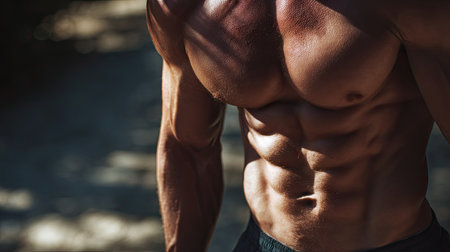 Muscled male torso outdoors, sun casting dramatic highlights and shadows across defined abdominal musclesの素材