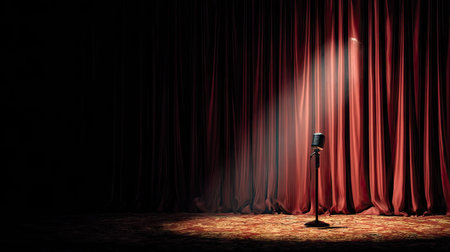Opening act underway as stage curtains move aside and a spotlight highlights a lone microphoneの素材