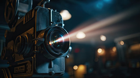 Movie projector lens flaring as a film begins in a cozy, dimly lit living roomの素材