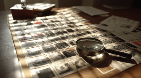 Old mm film negatives spread out over a contact sheet with magnifying glass beside themの素材