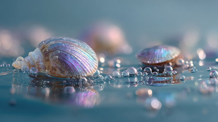 Macro shot of iridescent seashells floating in calm water, surrounded by tiny bubbles and soft ripplesの素材
