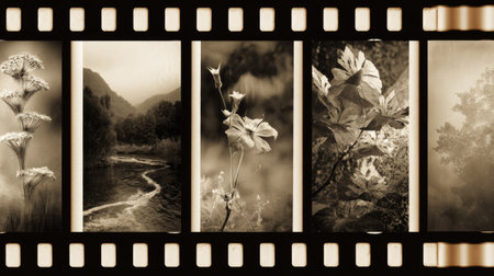 Negative film strip with scenes of nature captured in sepia tones, backlit for contrastの素材