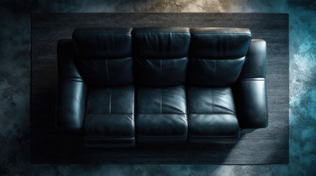 Overhead shot of a stylish black leather recliner sofa in a modern entertainment room with moody lightingの素材