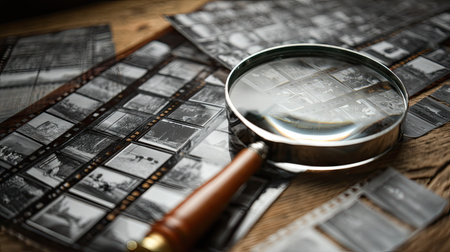 Old mm film negatives spread out over a contact sheet with magnifying glass beside themの素材