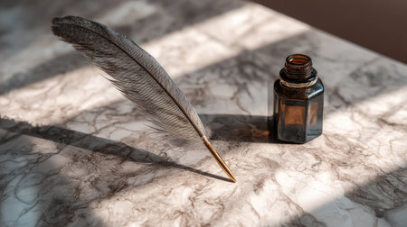 Feather quill and ink bottle on a marble surface, casting delicate shadows under warm studio lightingの素材