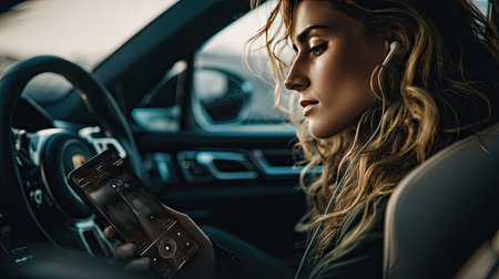 Modern car interior with a woman adjusting music playlist on her smartphoneの素材