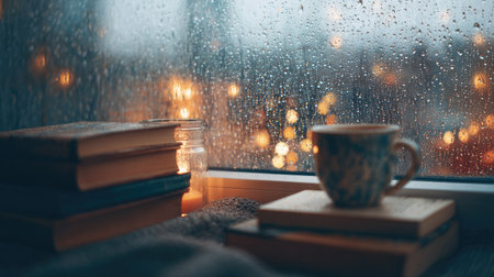 Cozy indoor scene with raindrops and dew on the window, blurred books and coffee insideの素材