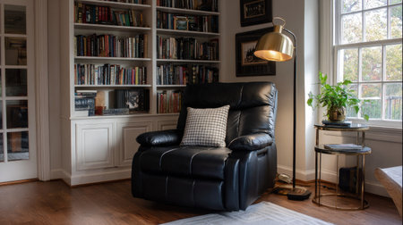 Cozy reading nook with a black leather recliner sofa, floor lamp, and built-in bookshelf backgroundの素材