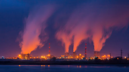 Long-exposure shot of smoke rising from power station chimneys at dusk, glowing orange lights from the facilityの素材