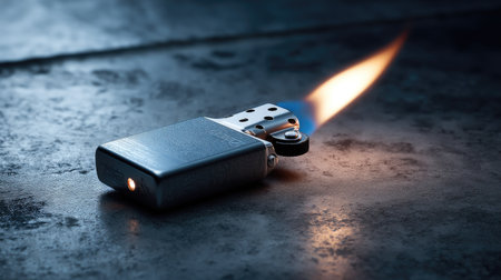 Lighter lying flat on a surface with flame burning sideways, wind-swept effect emphasizedの素材