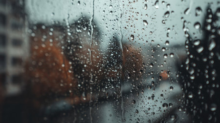 Moisture-laden glass with delicate dew drops and heavy rain flowing outside on a gray dayの素材