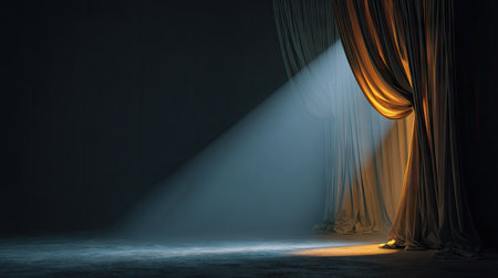 Moody shot of dark stage coming to life as curtains open and spotlight cuts through the airの素材