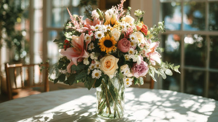 Large bouquet of mixed flowers including roses, lilies, and daisies arranged in a glass vase on a sunlit tableの素材