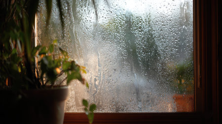 Interior view of rain-dotted window with natural light filtering through dew-covered glassの素材