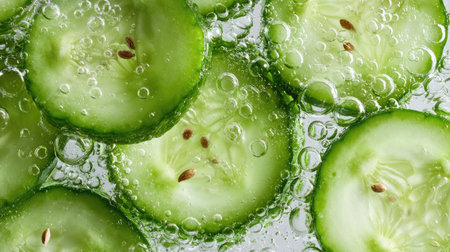 Macro view of cucumber slices on water surface, highlighting texture and seeds, bright studio lightingの素材