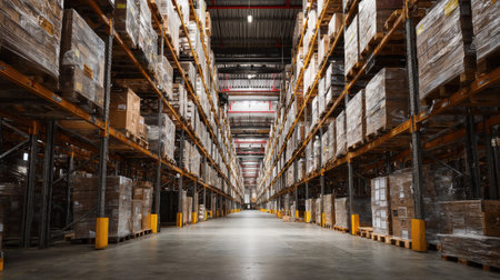 Industrial warehouse filled with tall racks holding uniformly wrapped palletsの素材